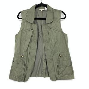 Chicos Open Front Vest Womens Size 1 US Medium Olive Green Cinch Waist
